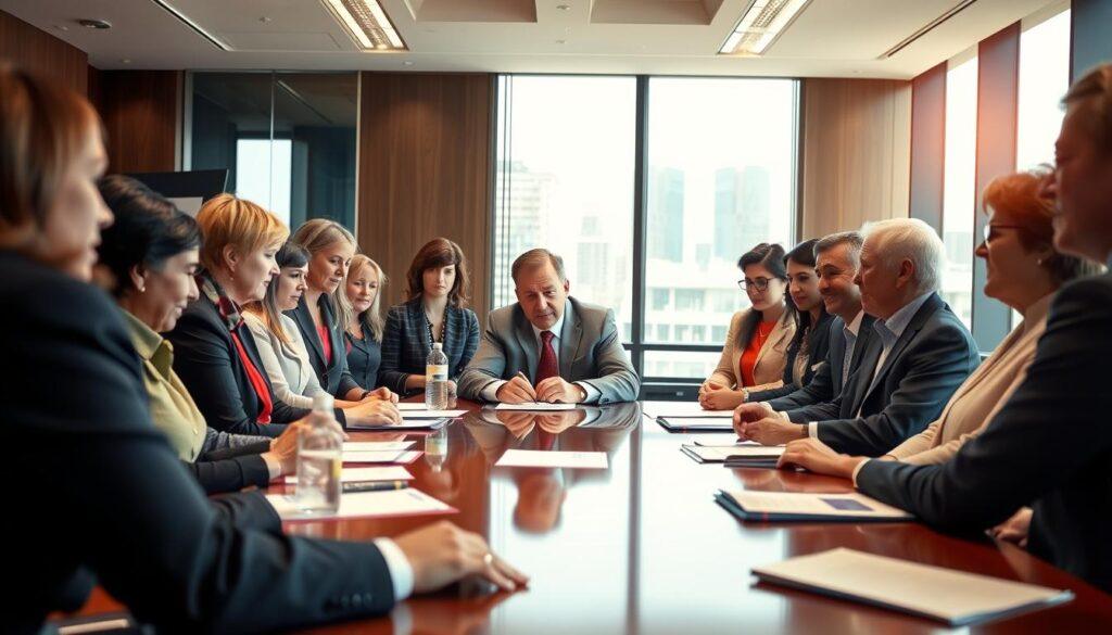A political advocacy meeting in a bright, modern conference room. In the foreground, a diverse group of well-dressed individuals, including women and men of varying ages and ethnicities, are engaged in discussion around a polished wooden table, displaying notes and documents. In the middle, a local elected official, seated at the head of the table, is intently listening and taking notes, reflecting an atmosphere of collaboration and serious dialogue. The background features a large window with natural light streaming in, showing a cityscape, enhancing the sense of urgency and governmental context. The mood is focused and professional, with warm lighting that creates an inviting yet serious ambiance, captured from a slightly elevated angle to emphasize the interactions taking place.