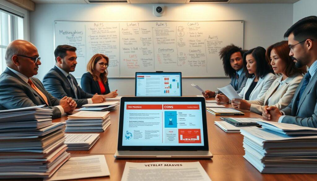 A professional setting featuring a large conference table with diverse, engaged individuals clad in business attire, deeply analyzing various ballot measures. The foreground showcases stacks of clear, formal documents, such as voter pamphlets and legislative analyses. In the middle ground, a laptop displays a colorful infographic comparing the pros and cons, with charts and graphics illustrating differing opinions. The background features a whiteboard filled with notes and data regarding audits and authoritative sources, all illuminated by soft, warm overhead lighting that creates a focused, collaborative atmosphere. The image should convey a sense of seriousness and professionalism, highlighting the importance of informed decision-making in the democratic process.
