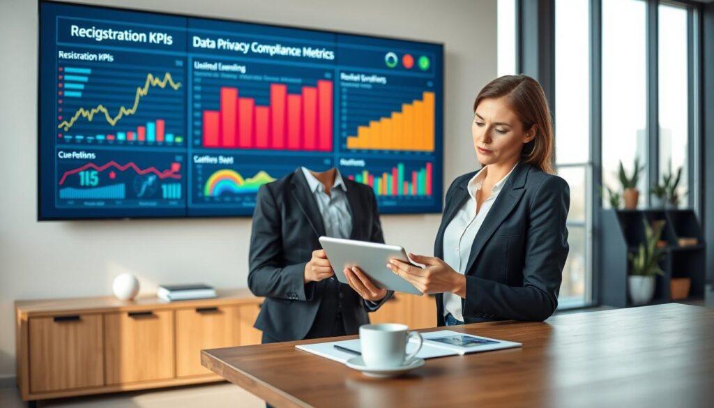 A sleek, modern office environment serves as the background, showcasing a large digital screen displaying colorful graphs and charts representing registration KPIs and data privacy compliance metrics. In the foreground, an attentive businesswoman dressed in professional attire is analyzing the data on her tablet, with a thoughtful expression on her face. The middle layer features a contemporary desk with documents and a coffee cup, emphasizing focus and diligence. Soft, natural lighting filters through large windows, creating an inviting atmosphere. The composition is framed from a slightly elevated angle, giving a comprehensive view of both the person and the digital screens. The overall mood is one of professionalism and diligence, capturing the importance of data entry and privacy compliance in decision-making processes.