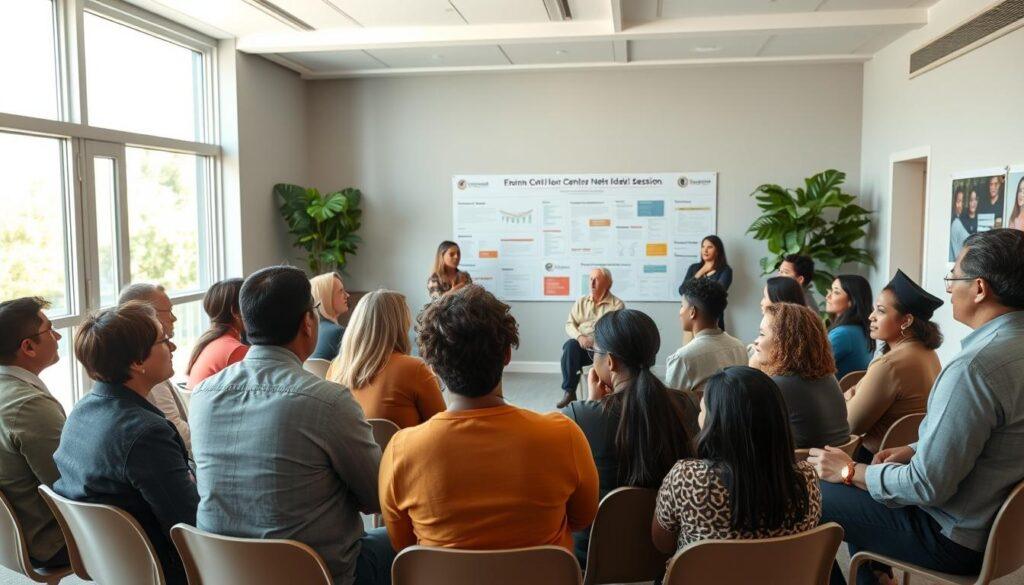 A vibrant community listening session taking place in a well-lit, spacious room. In the foreground, a diverse group of engaged individuals, dressed in professional business attire and modest casual clothing, are seated in a circle, attentively listening to a speaker. The middle ground features a large, informative poster board displaying community needs and ideas. In the background, large windows allow natural light to flood the room, highlighting the relaxed yet focused atmosphere. Soft, warm lighting enhances the sense of camaraderie among participants. The scene captures a moment of genuine interaction and collaboration, embodying the spirit of grassroots organizing and community empowerment. The composition is shot from a slight angle to convey depth, focusing on the enthusiasm and engagement of those involved.