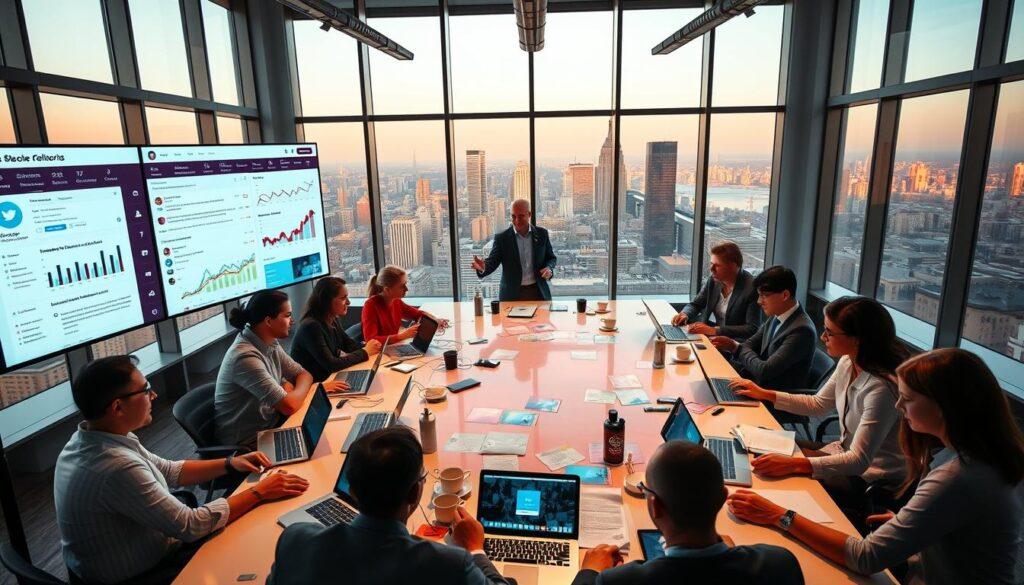 A vibrant digital workspace illustrating the concept of building a political social media community network. In the foreground, a diverse group of individuals, dressed in professional business attire, collaborates around a large, modern table covered with laptops, tablets, and coffee cups. In the middle ground, interactive screens display live social media feeds, showing graphs, discussions, and engagement metrics. In the background, large windows reveal a city skyline, bathed in warm, natural light, enhancing the sense of openness and connection. The atmosphere is energetic and focused, emphasizing teamwork and innovation. Capture the scene from a slight overhead angle to show both the dynamic discussions and the engaging digital tools in use, creating a sense of forward momentum in political engagement.