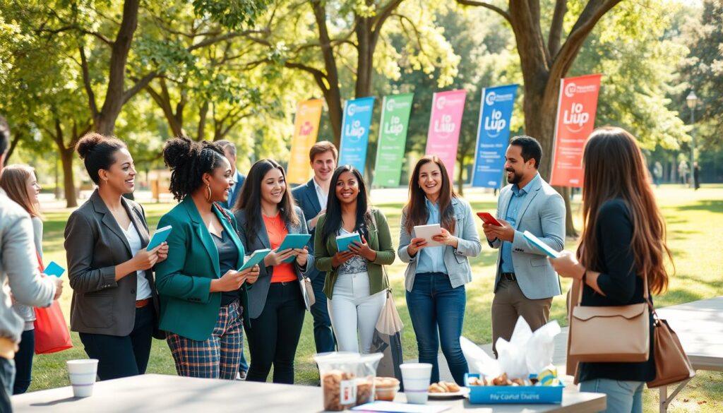 A vibrant outdoor peer-to-peer fundraising event in a park setting, showcasing diverse individuals of various ethnicities engaging in friendly conversations while holding donation tablets and flyers, all dressed in smart casual attire. In the foreground, a table with coffee and snacks invites attendees to participate, adding a warm, welcoming atmosphere. In the middle, a small group of enthusiastic volunteers, with smiles and positive energy, interact with passersby, encouraging them to donate to their cause. The background features colorful banners representing different fundraising campaigns fluttering in a gentle breeze, with soft sunlight filtering through the trees, creating a cheerful mood. Capture the scene with a slight elevated angle, emphasizing community spirit and collaboration, and use bright, natural lighting to enhance the uplifting feeling of the event.