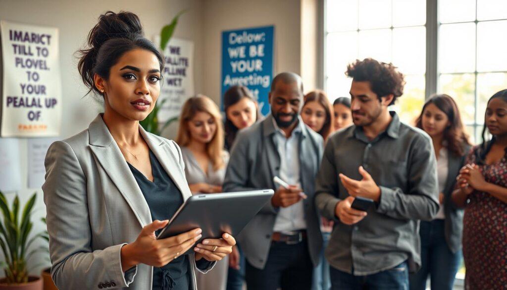 A vibrant scene depicting a diverse group of professionals engaged in a grassroots advocacy meeting. In the foreground, a woman in smart business attire, with a determined expression, stands presenting ideas on a digital tablet, while a man in modest casual clothing takes notes intently. In the middle ground, several others, a mix of ethnicities, lean in to discuss strategies, showcasing camaraderie and collaboration. The background features a large window with soft natural light streaming in, illuminating a community center filled with plants and motivational posters about civic engagement. The atmosphere is energetic and hopeful, conveying the importance of follow-up and relationship building in political advocacy, captured with a warm, inviting ambiance.