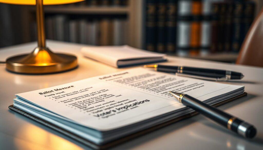 A close-up view of a notepad spread out on a clean, modern desk, featuring a sample ballot measure fact-check template. The notepad is filled with neatly handwritten notes and bullet points, showcasing sections like "Fiscal Impact," "Legal Considerations," and "Voter Implications." A sleek pen lies next to the notepad, with a warm overhead desk lamp casting soft, inviting light, adding a cozy yet professional ambiance. In the background, a blurred bookshelf filled with law books and reference materials subtly suggests a research environment. The focus should be sharp on the notepad, creating a sense of organization and clarity, reflecting the diligent process of building a quick fact sheet. The overall mood conveys professionalism and attention to detail.