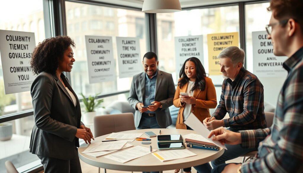 A collaborative scene depicting diverse local advocacy group leaders engaging in a brainstorming session within a bright, modern conference room. In the foreground, a middle-aged Black woman in professional attire discusses ideas animatedly with a young Hispanic man in a casual yet smart outfit. In the middle ground, a small round table is cluttered with papers and digital devices, featuring diverse participants—an older Asian woman and a young white man—listening intently and jotting down notes. The background showcases large windows allowing natural light to flood the room, with motivational posters about collaboration and community empowerment on the walls. The mood is one of focused energy and teamwork, captured with a warm color palette, using a soft focus to enhance the atmosphere of cooperation and motivation.