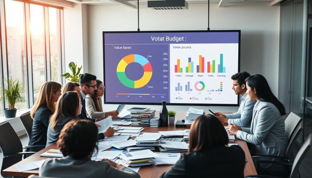 A detailed analysis scene depicting a values-based voting budget review at a modern office environment. In the foreground, a diverse group of professionals in business attire collaborates around a large conference table piled with charts, graphs, and budget documents. The middle layer showcases a large digital screen displaying a colorful pie chart and weight-balanced visual elements reflecting budget allocations. The background features a bright, airy office with large windows, letting in warm natural light, creating an inviting atmosphere. An overall mood of focused collaboration and thoughtful analysis is captured, with the camera angle slightly above the table, giving a comprehensive view of the engaged participants and their work.