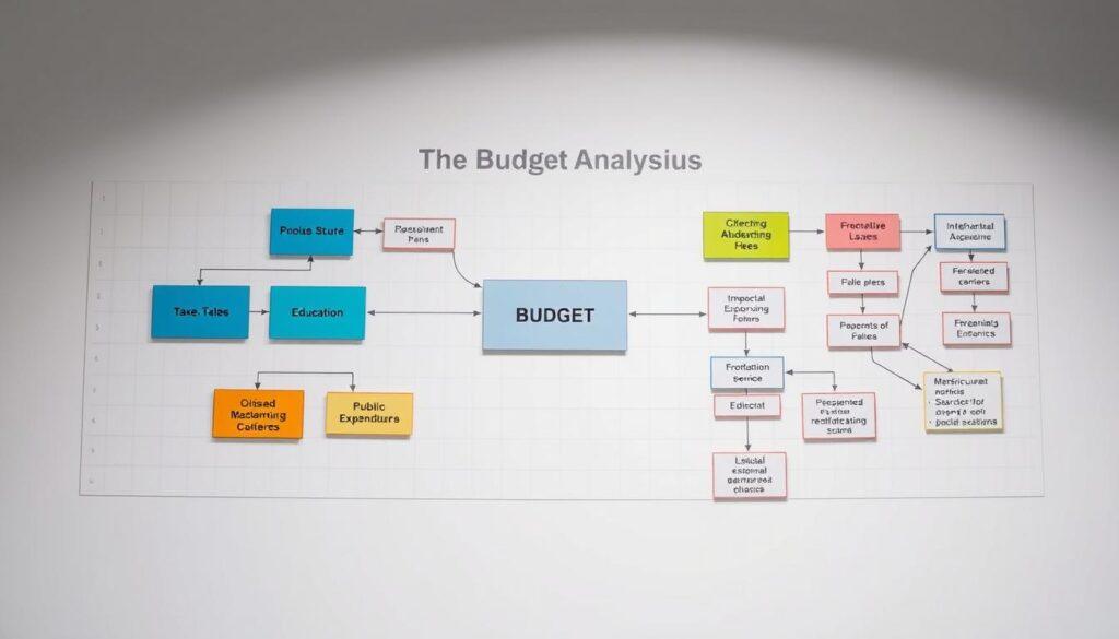 A detailed budget analysis flowchart prominently displayed, illustrating diverse revenue streams and expenditures. The foreground features distinct, colorful boxes representing various funding sources such as taxes, grants, and fees, connected by clear, flowing arrows to sections representing expenditures like infrastructure, education, and public services. In the middle ground, a subtle grid pattern underlays the flowchart, enhancing clarity. The background is a light gradient, promoting a professional and organized feel. Soft, even lighting illuminates each section, casting minimal shadows for visibility. The overall mood is informative and insightful, emphasizing the importance of understanding budget mechanics in local governance. The composition is clean, ensuring no text or markings distract from the visual message. A detailed budget analysis flowchart prominently displayed, illustrating diverse revenue streams and expenditures. The foreground features distinct, colorful boxes representing various funding sources such as taxes, grants, and fees, connected by clear, flowing arrows to sections representing expenditures like infrastructure, education, and public services. In the middle ground, a subtle grid pattern underlays the flowchart, enhancing clarity. The background is a light gradient, promoting a professional and organized feel. Soft, even lighting illuminates each section, casting minimal shadows for visibility. The overall mood is informative and insightful, emphasizing the importance of understanding budget mechanics in local governance. The composition is clean, ensuring no text or markings distract from the visual message.