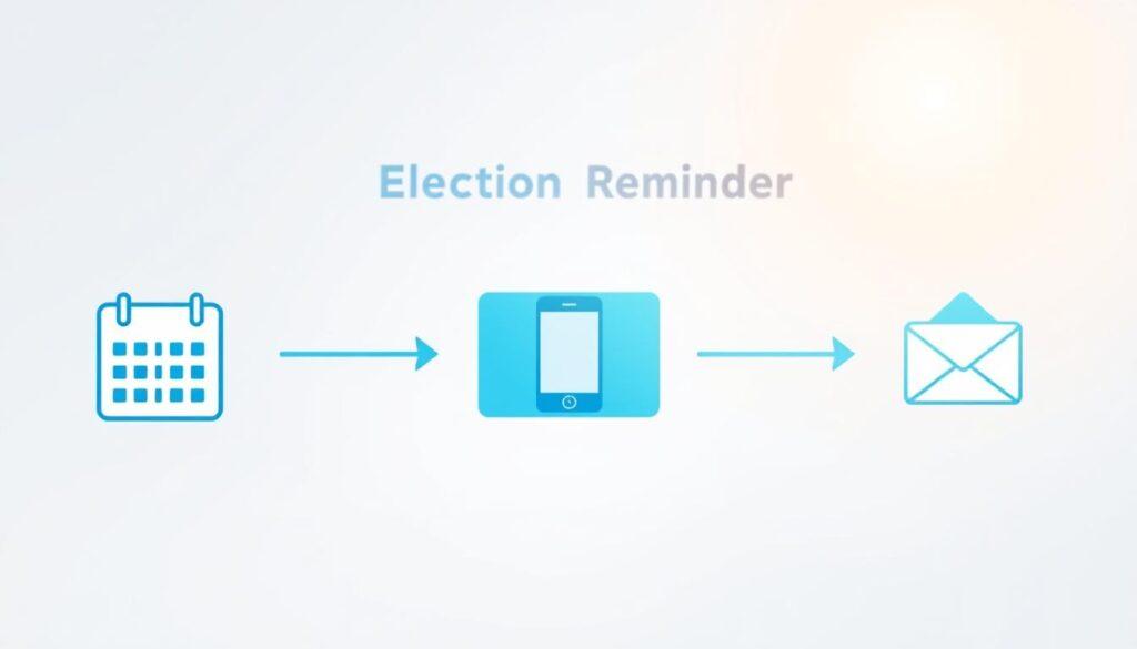A detailed flowchart depicting an election reminder system, illustrating the process of calendar, SMS, and email notifications for upcoming election dates. In the foreground, focus on elegantly designed icons representing a calendar, a smartphone for SMS alerts, and an email envelope, interconnected with arrows to show the flow of information. The middle layer should consist of a clear and organized layout of the flowchart, with distinct sections for each notification method, using a professional color palette of blues and greens. In the background, incorporate subtle graphics suggestive of a digital interface, with a clean and modern aesthetic. The lighting should be bright and inviting, enhancing the sense of clarity and structure. Aim for a professional and informative mood that emphasizes the importance of timely reminders for voters.