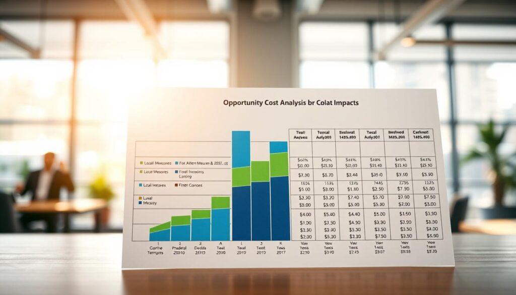 A detailed opportunity cost analysis chart displayed prominently in a professional setting. In the foreground, a multi-layered bar graph comparing two local ballot measures, featuring vivid colors like blue and green for clear contrast. In the middle ground, a well-organized table showcasing various alternatives and their corresponding costs, blend of soft pastels. The background is a blurred office environment, with soft sunlight filtering through large windows, creating a bright and inviting atmosphere. The composition uses a shallow depth of field to emphasize the chart while softly blurring surrounding elements. The mood is analytical yet engaging, ideal for an insightful discussion on local impacts. No text, graphs, or people need to be included in the image. A detailed opportunity cost analysis chart displayed prominently in a professional setting. In the foreground, a multi-layered bar graph comparing two local ballot measures, featuring vivid colors like blue and green for clear contrast. In the middle ground, a well-organized table showcasing various alternatives and their corresponding costs, blend of soft pastels. The background is a blurred office environment, with soft sunlight filtering through large windows, creating a bright and inviting atmosphere. The composition uses a shallow depth of field to emphasize the chart while softly blurring surrounding elements. The mood is analytical yet engaging, ideal for an insightful discussion on local impacts. No text, graphs, or people need to be included in the image.