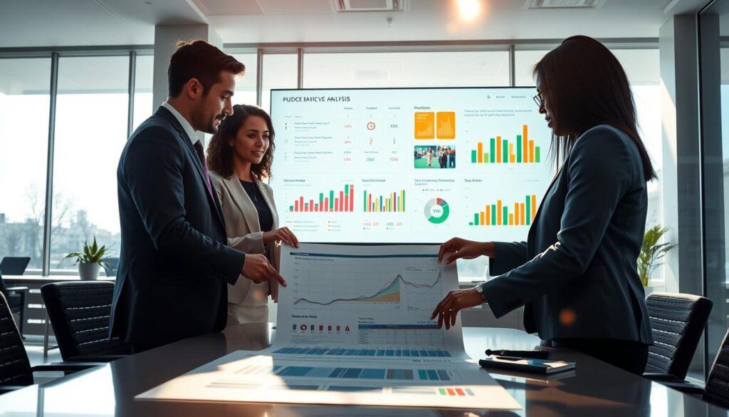 A detailed, professional scene depicting a policy rubric budget analysis. In the foreground, a diverse group of three professionals in business attire are gathered around a large, detailed budget spreadsheet on a sleek conference table, intently discussing data. One individual is pointing at a chart, while another takes notes. In the middle ground, a large digital screen showcases colorful graphs and icons illustrating budget allocations and evidence-based metrics. The background features a modern office setting with large windows allowing natural light to flood in, creating a bright and welcoming atmosphere. Lens flares and soft shadows enhance the depth of the image, giving it a dynamic and engaging feel. The mood is focused and analytical, embodying collaboration and informed decision-making.
