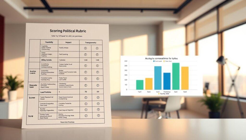 A detailed scoring rubric for political promises set on a sleek, modern design backdrop. In the foreground, a large, well-structured rubric with clear categories such as "Feasibility," "Impact," "Transparency," and "Alignment with Voter Needs," each accompanied by a numerical score scale from 1 to 5. In the middle, an illustrative graph showing candidate comparisons with color-coded bars representing promise effectiveness, designed in a professional and inviting color palette of blues and greens. The background is a subtle office environment, softly lit with warm natural light streaming in from a window, creating an atmosphere of thoughtful analysis and reflection. The composition should be clean and engaging, inviting voters to consider the accountability of political promises.