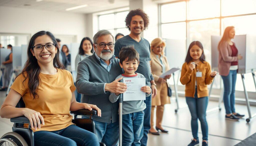 A diverse group of individuals of various ages and abilities stands confidently in a line at a modern, accessible polling location. In the foreground, a young woman in a wheelchair smiles brightly, while an elderly gentleman with a cane stands beside a middle-aged woman who is helping a young boy with a hearing device. The group also includes a teenager of Asian descent holding a voter registration card. The setting is well-lit with natural light streaming in through large windows, creating an inviting atmosphere. The background showcases ergonomic voting booths and accessibility features like ramps and wide pathways. The overall mood is one of inclusion and empowerment, emphasizing voter rights and accessibility in a vibrant civic space.