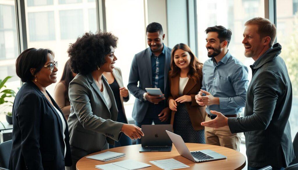 A diverse group of professionals in a modern office setting, engaged in dynamic conversations that reflect collaboration and relationship building. In the foreground, a middle-aged Black woman and a young South Asian man shake hands, symbolizing partnership; both are dressed in smart casual business attire. The middle section features a round conference table with laptops and documents scattered, suggesting active teamwork. Various individuals, including a Hispanic woman and a Caucasian man, are animatedly discussing ideas, showcasing an inclusive atmosphere. In the background, large windows bathe the space in warm, natural light, enhancing the productive environment. The overall mood is energetic and optimistic, highlighting the importance of connection and collaboration in advocacy work.