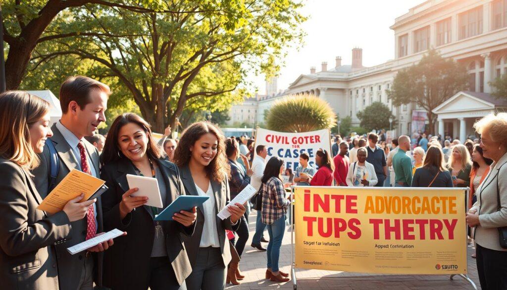 A dynamic outdoor scene illustrating advocacy campaigns with a focus on outreach strategies. In the foreground, a diverse group of individuals dressed in professional business attire is engaged in animated discussions, holding informational brochures and digital tablets. In the middle ground, a vibrant community event is depicted, featuring a booth with banners promoting civic awareness. People of various ages and ethnicities are interacting, showcasing unity and enthusiasm. In the background, trees and public buildings set a community atmosphere, while a soft, warm sunlight casts a golden hue, enhancing a feeling of hope and engagement. The angle is slightly elevated, capturing the energy and interconnectedness of the event, emphasizing action and collaboration in raising public awareness.