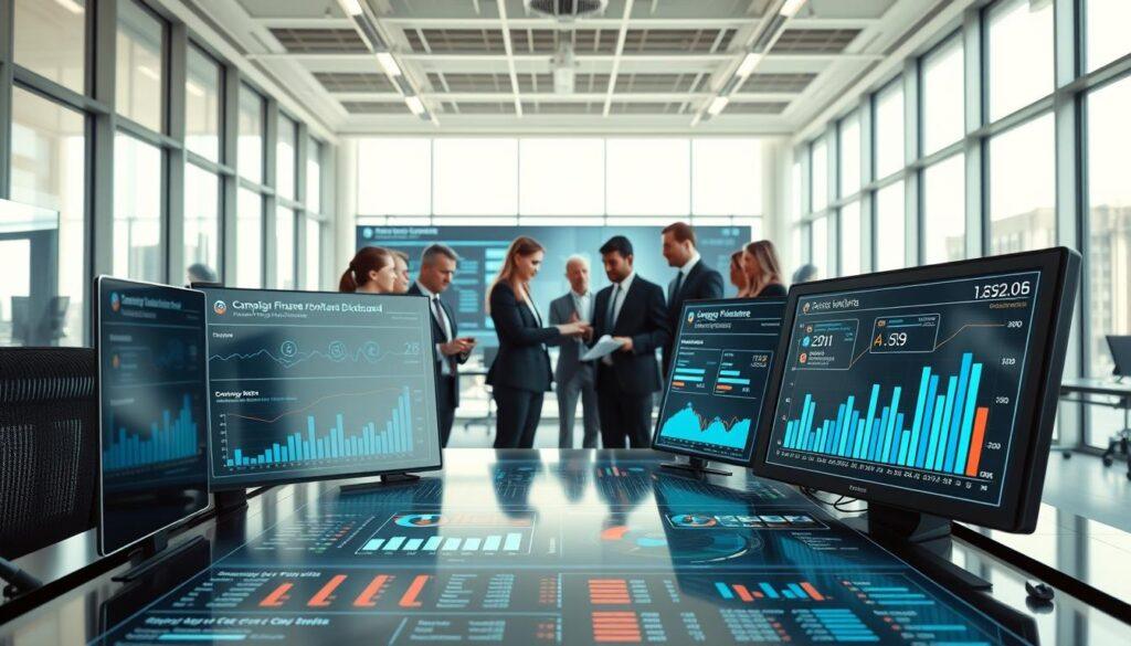 A futuristic civic tech election monitoring dashboard showcasing campaign finance and disclosure portals. In the foreground, a sleek, high-tech interface with interactive graphs and charts displaying real-time financial data, such as donation amounts, donor demographics, and candidate funding sources. The middle layer features a diverse group of professionals in business attire, analyzing the data on large digital screens, engaged in discussion. The background displays a modern, well-lit office environment with large windows, allowing natural light to flood the space, creating a bright, optimistic atmosphere. Use a wide-angle lens for a dynamic perspective, emphasizing depth in the scene. The overall mood is focused and collaborative, promoting transparency and civic engagement in the electoral process. A futuristic civic tech election monitoring dashboard showcasing campaign finance and disclosure portals. In the foreground, a sleek, high-tech interface with interactive graphs and charts displaying real-time financial data, such as donation amounts, donor demographics, and candidate funding sources. The middle layer features a diverse group of professionals in business attire, analyzing the data on large digital screens, engaged in discussion. The background displays a modern, well-lit office environment with large windows, allowing natural light to flood the space, creating a bright, optimistic atmosphere. Use a wide-angle lens for a dynamic perspective, emphasizing depth in the scene. The overall mood is focused and collaborative, promoting transparency and civic engagement in the electoral process.