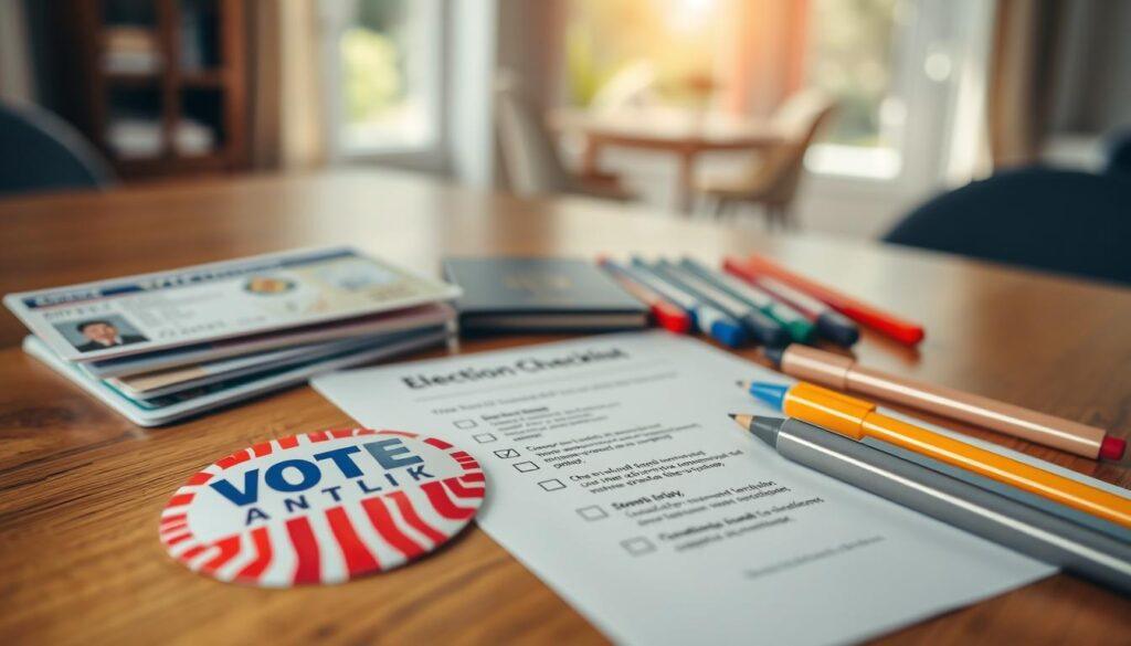 A neatly organized election checklist spread out on a wooden table, featuring various ID documents such as a driver’s license, voter ID card, and passport. The foreground includes a colorful voting sticker prominently displayed, symbolizing civic duty. The middle layer showcases the checklist with bullet points that outline important voting steps, alongside neatly arranged pens in various colors. The background features a softly blurred view of an indoor setting with bright, natural light filtering through a window, creating an inviting and hopeful atmosphere. Focus on capturing a sense of preparation and empowerment in the voting process, emphasizing the importance of having necessary materials ready for a smooth experience. A neatly organized election checklist spread out on a wooden table, featuring various ID documents such as a driver’s license, voter ID card, and passport. The foreground includes a colorful voting sticker prominently displayed, symbolizing civic duty. The middle layer showcases the checklist with bullet points that outline important voting steps, alongside neatly arranged pens in various colors. The background features a softly blurred view of an indoor setting with bright, natural light filtering through a window, creating an inviting and hopeful atmosphere. Focus on capturing a sense of preparation and empowerment in the voting process, emphasizing the importance of having necessary materials ready for a smooth experience.