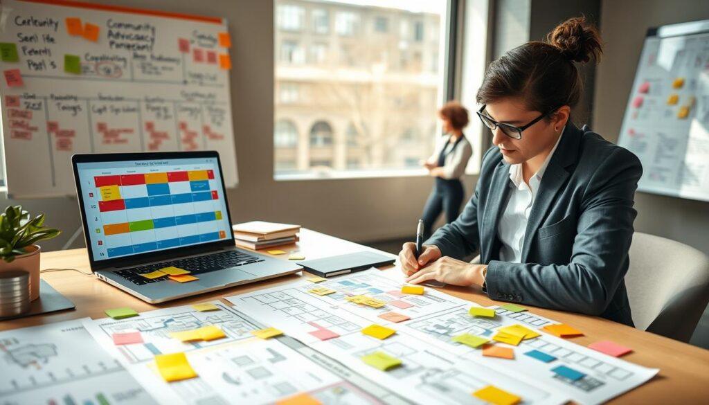 A professional event planner is sitting at a modern desk, surrounded by colorful sticky notes and detailed event plans. In the foreground, a laptop displays a calendar filled with scheduled meetings and to-do lists. The planner, dressed in smart business attire, is deep in thought, jotting down notes with a focused expression. In the middle, various maps and logistics diagrams are spread out, showing venue layouts and seating arrangements. Soft, natural light filters through a large window, creating an engaging atmosphere of productivity and creativity. In the background, a whiteboard is filled with brainstorming ideas and timelines. The scene conveys a sense of urgency and excitement, capturing the essence of planning for a successful community advocacy event. A professional event planner is sitting at a modern desk, surrounded by colorful sticky notes and detailed event plans. In the foreground, a laptop displays a calendar filled with scheduled meetings and to-do lists. The planner, dressed in smart business attire, is deep in thought, jotting down notes with a focused expression. In the middle, various maps and logistics diagrams are spread out, showing venue layouts and seating arrangements. Soft, natural light filters through a large window, creating an engaging atmosphere of productivity and creativity. In the background, a whiteboard is filled with brainstorming ideas and timelines. The scene conveys a sense of urgency and excitement, capturing the essence of planning for a successful community advocacy event.