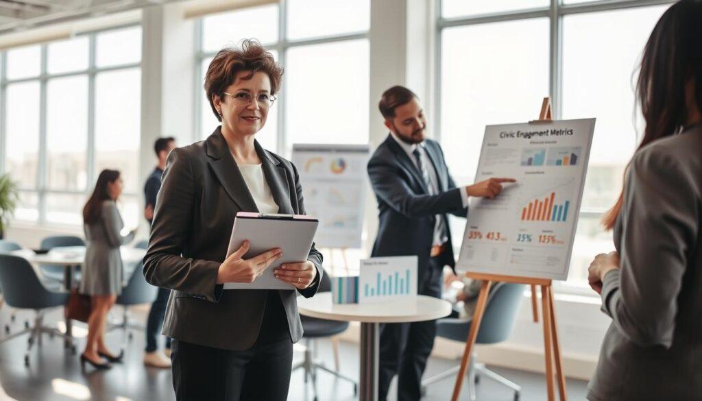 A professional setting capturing a diverse group of individuals engaging in a discussion around measuring public awareness success. In the foreground, a middle-aged woman in a tailored blazer stands confidently, holding a clipboard, while a young man in business casual attire points to a visual infographic chart displayed on an easel nearby. In the middle, a small round table features charts and graphs emphasizing civic engagement metrics. The background shows a bright conference room with large windows allowing natural light, creating an optimistic and collaborative atmosphere. Soft shadows lend depth to the scene, and the overall mood is one of determination and teamwork, reflecting the essence of evaluating community awareness efforts in civic issues.