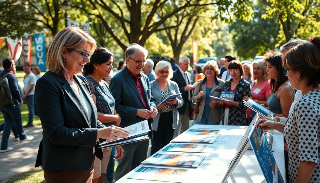 A vibrant civic engagement scene in a sunny public park, featuring a diverse group of individuals gathered around a welcoming table marked with informational materials about candidate platforms. In the foreground, a middle-aged woman in professional business attire interacts with a young adult, both engaged in discussion while reviewing brochures. The middle ground showcases a variety of people, including seniors and families, participating in conversations with campaign volunteers, all smiling and animated. In the background, hints of colorful banners and greenery highlight the outdoor setting, with soft sunlight filtering through the trees, creating an inviting atmosphere. The overall mood reflects openness and inclusivity, emphasizing the importance of accessibility and engagement in political discourse. Bright, natural lighting enhances the sense of community and enthusiasm for civic participation.