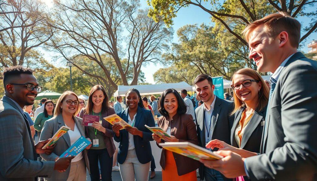 A vibrant community event scene capturing the essence of promoting a local gathering. In the foreground, a group of diverse individuals, dressed in professional business attire, enthusiastically engaging with colorful flyers and banners. In the middle ground, a busy outdoor setting with an information booth showcasing event details and smiling volunteers. The background features a park filled with trees and a bright blue sky, creating a welcoming atmosphere. The lighting is warm and sunny, emphasizing the joy and excitement of the event. A camera angle focused slightly upward gives a dynamic feel, inviting viewers to join the celebration. The overall mood is energetic and inviting, encouraging community involvement. A vibrant community event scene capturing the essence of promoting a local gathering. In the foreground, a group of diverse individuals, dressed in professional business attire, enthusiastically engaging with colorful flyers and banners. In the middle ground, a busy outdoor setting with an information booth showcasing event details and smiling volunteers. The background features a park filled with trees and a bright blue sky, creating a welcoming atmosphere. The lighting is warm and sunny, emphasizing the joy and excitement of the event. A camera angle focused slightly upward gives a dynamic feel, inviting viewers to join the celebration. The overall mood is energetic and inviting, encouraging community involvement.