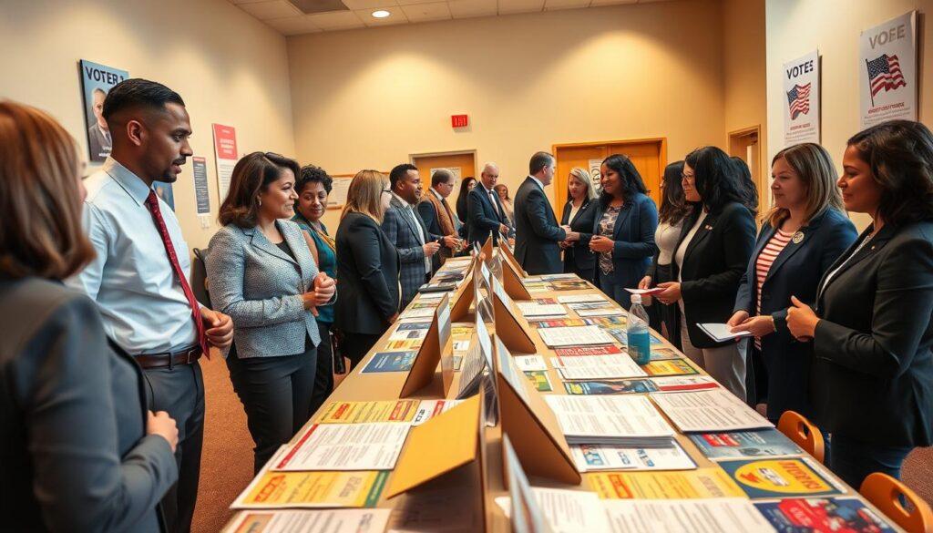A vibrant nonpartisan civic engagement information hub, featuring a well-organized voter information table adorned with colorful fact sheets, brochures, and pamphlets about upcoming elections. In the foreground, a diverse group of individuals in professional business attire engage in discussions, showcasing a welcoming atmosphere. The table is set against a backdrop of a community center, with warm, natural lighting illuminating the scene. On the walls, posters highlighting civic engagement and voting rights are subtly visible, enhancing the informative ambiance. The angle captures both the depth of the space and the interactions occurring at the table, creating a sense of community involvement and positivity. The overall mood is encouraging and informative, inviting others to participate.