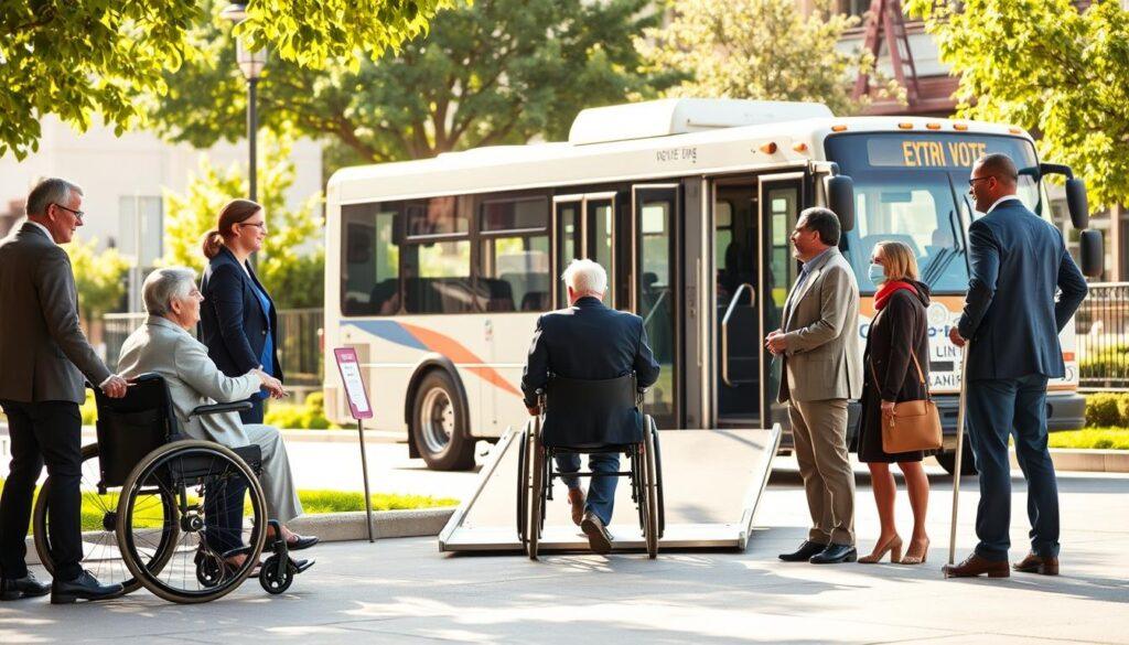 A visually engaging scene illustrating an accessible voting and transportation plan. In the foreground, a diverse group of individuals, including a wheelchair user and elderly voters, are actively discussing transportation options. They are dressed in professional attire, emphasizing the importance of civic engagement. In the middle ground, a public transport bus with a ramp is stationed, ready to take voters to the polling place. Clear signage highlights accessibility features. The background features a well-lit urban environment with a polling station visible, surrounded by greenery. The sunlight casts a warm glow, creating an inviting atmosphere. Capture this scene from a slightly elevated angle, showcasing the interaction between the individuals and the transportation, conveying a sense of community and accessibility in the voting process. A visually engaging scene illustrating an accessible voting and transportation plan. In the foreground, a diverse group of individuals, including a wheelchair user and elderly voters, are actively discussing transportation options. They are dressed in professional attire, emphasizing the importance of civic engagement. In the middle ground, a public transport bus with a ramp is stationed, ready to take voters to the polling place. Clear signage highlights accessibility features. The background features a well-lit urban environment with a polling station visible, surrounded by greenery. The sunlight casts a warm glow, creating an inviting atmosphere. Capture this scene from a slightly elevated angle, showcasing the interaction between the individuals and the transportation, conveying a sense of community and accessibility in the voting process.