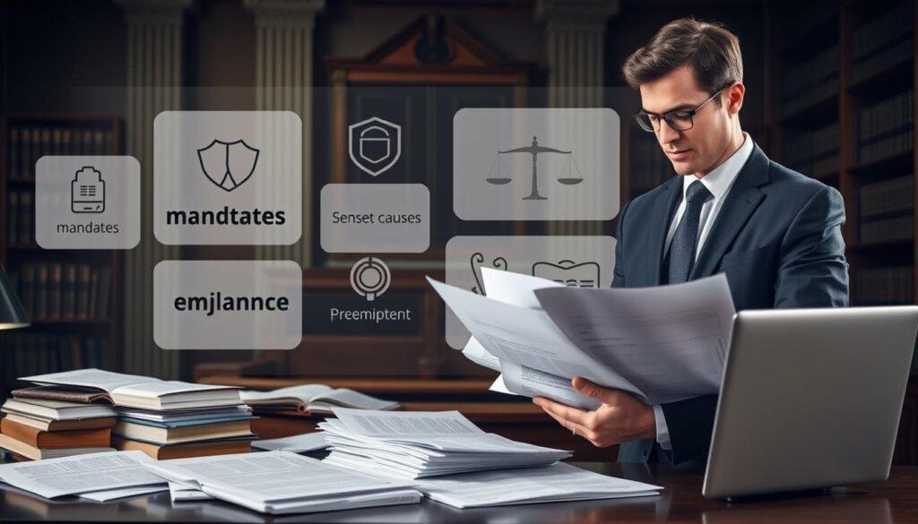 A visually striking representation focusing on the theme of legal language in the context of ballot measures and misinformation. In the foreground, a confident legal professional in business attire is analyzing a stack of documents with highlighted sections, surrounded by scattered legal books and a laptop displaying graphs. The middle layer features large visual elements symbolizing common legal terms such as “mandates,” “sunset clauses,” and “preemption,” depicted as icons or diagrams. In the background, a subtle courtroom setting with soft ambient lighting and shelves of law books creates an authoritative atmosphere. The overall mood should impress upon viewers a sense of diligence and clarity, reflecting the importance of understanding complex legal language in civic decisions.
