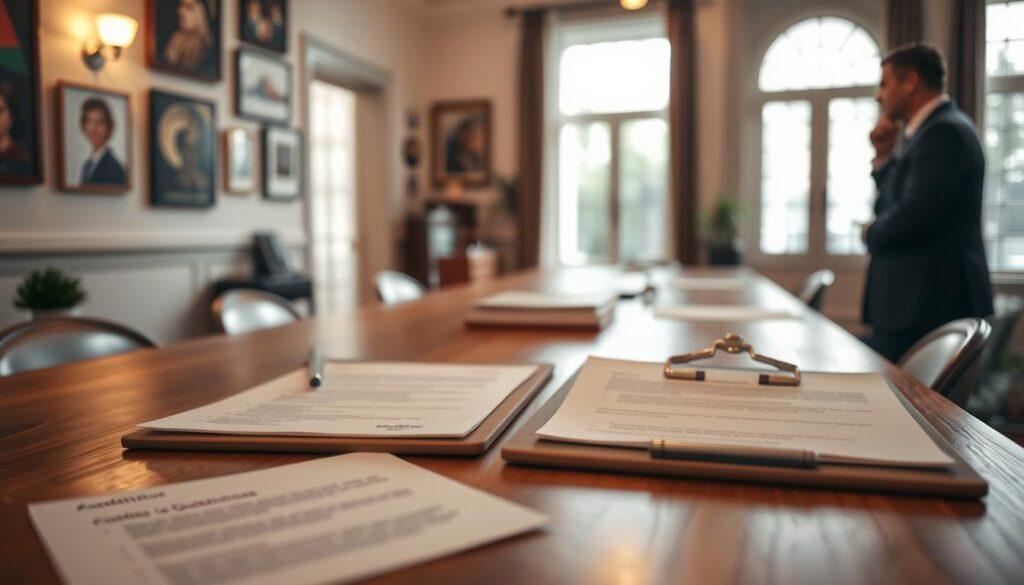 A well-organized candidate forum workspace, featuring a wooden table in the foreground with an array of neatly arranged moderator questions and guidelines laid out on a clipboard. In the background, a soft-focus view of a cozy room with bright, natural light filtering through large windows, creating an inviting atmosphere. The walls adorned with community artwork enhance the warmth of the setting. A professional moderator, dressed in business attire, stands near the table, deep in thought, preparing to engage the candidates. The overall mood conveys preparation and professionalism, highlighting the importance of thoughtful question design in a nonpartisan setting. The image should capture a sense of focus and community involvement in the electoral process.