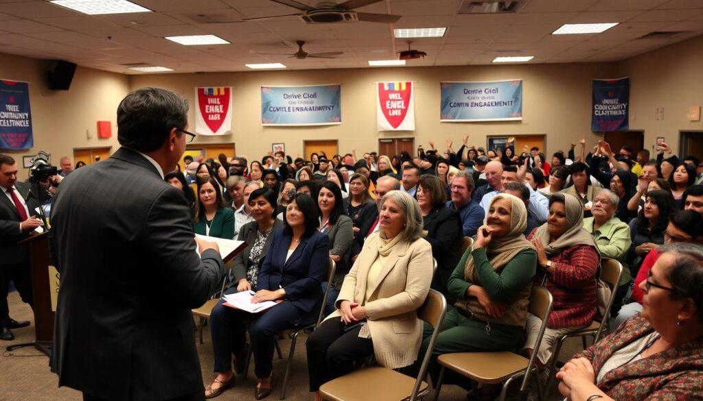 A bustling town hall meeting scene during a lively Q&A session, featuring a diverse group of engaged community members in professional business attire and modest casual clothing. In the foreground, a confident moderator stands at a podium, attentively listening to audience questions. The middle ground captures an array of people seated in folding chairs, some raising their hands to ask questions. The background showcases a well-lit community center, decorated with banners promoting civic engagement. The atmosphere is warm and inviting, illuminated by soft overhead lighting that highlights facial expressions and encourages interaction. A wide-angle perspective captures the collective energy of the participants, emphasizing the importance of community dialogue and collaboration.