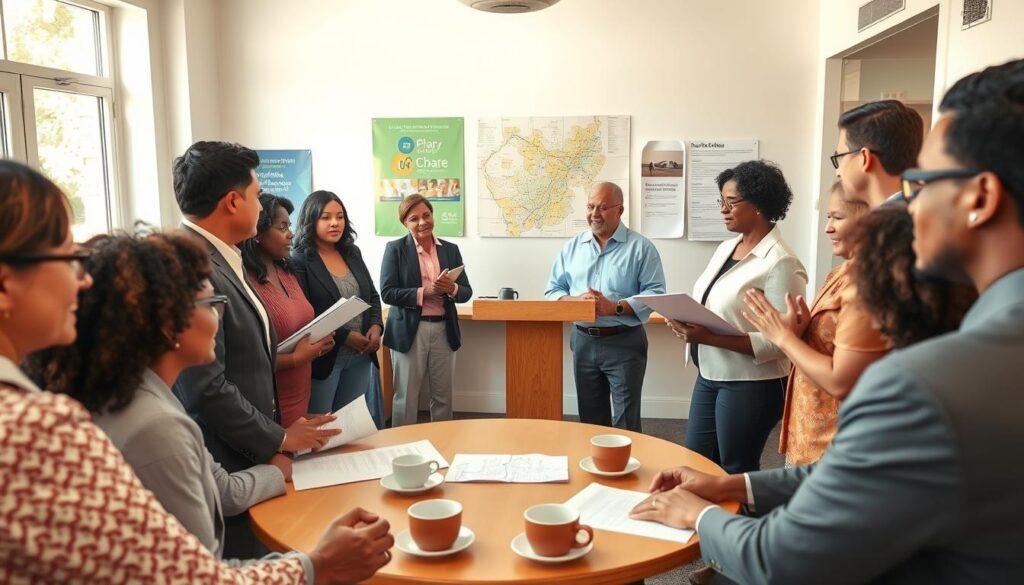 A community organization meeting with local officials in a bright, welcoming community center. In the foreground, a diverse group of community members, dressed in professional business attire, are engaged in discussion, holding folders and looking intently at a local official who stands at a podium. The middle of the image shows a large round table filled with documents and coffee cups, symbolizing collaboration and dialogue. In the background, a wall features a community map and promotional materials highlighting local initiatives. Soft, natural light from large windows creates an optimistic atmosphere, while the camera is positioned at eye level, enhancing a sense of engagement and connection among the participants. The overall mood is proactive and encouraging, embodying the spirit of grassroots advocacy. A community organization meeting with local officials in a bright, welcoming community center. In the foreground, a diverse group of community members, dressed in professional business attire, are engaged in discussion, holding folders and looking intently at a local official who stands at a podium. The middle of the image shows a large round table filled with documents and coffee cups, symbolizing collaboration and dialogue. In the background, a wall features a community map and promotional materials highlighting local initiatives. Soft, natural light from large windows creates an optimistic atmosphere, while the camera is positioned at eye level, enhancing a sense of engagement and connection among the participants. The overall mood is proactive and encouraging, embodying the spirit of grassroots advocacy.