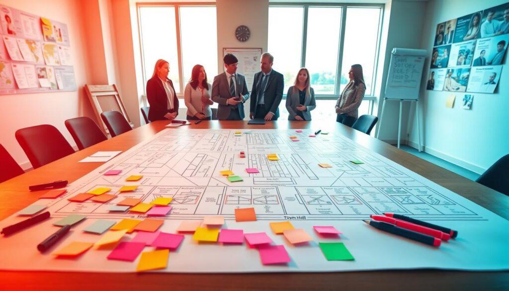 A detailed town hall planning diagram laid out on a large table in a well-lit community meeting room. In the foreground, colorful sticky notes and markers are scattered across the table, representing brainstorming ideas. In the middle, a diverse group of professionals in business attire are engaged in discussion, reviewing plans displayed on the table. Surrounding them, the walls are decorated with infographics and photos of past community events. In the background, large windows allow natural light to flood in, creating an inviting atmosphere. The scene captures a sense of collaboration and focus, emphasizing the importance of organizing effective facilitation for community engagement, with bright, warm lighting enhancing the optimistic mood of the meeting.