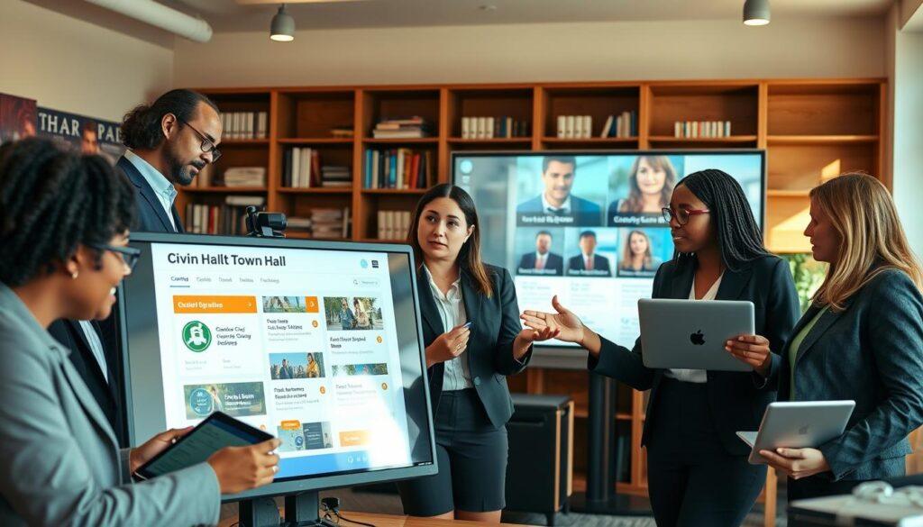 A modern civic education setting featuring a diverse group of engaged adults, dressed in professional business attire, gathered around interactive digital tools such as tablets, laptops, and interactive screens displaying civic information. In the foreground, a young woman gestures animatedly while explaining concepts to her peers. The middle ground shows a digital town hall interface projected on a large screen, with visual representations of community issues and interactive polling features. The background includes a cozy, well-lit room with bookshelves filled with educational materials and civic literature. Soft natural light filters in through large windows, creating a warm, inviting atmosphere that encourages discussion and collaboration. The overall mood is vibrant, informative, and inspiring, emphasizing the importance of modern civic engagement.