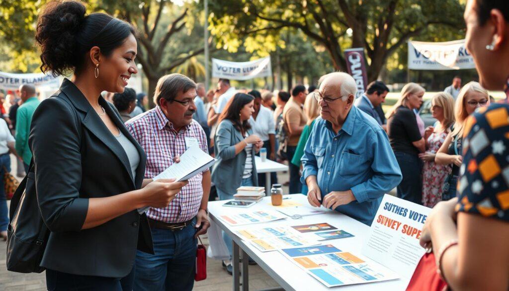 A vibrant, community-focused scene depicting a diverse group of people engaged in a voter turnout survey. In the foreground, a woman in smart casual attire discusses with an elderly man holding a clipboard, both looking engaged and friendly. The middle ground features a table with colorful flyers promoting voter engagement, surrounded by lively interactions among community members of various ages and backgrounds. The background includes a park with trees and banners for a local event, under soft, warm lighting of a sunny day, creating an inviting and positive atmosphere. The angle is slightly elevated, capturing the essence of community spirit and collaboration, emphasizing the importance of participation in local elections.