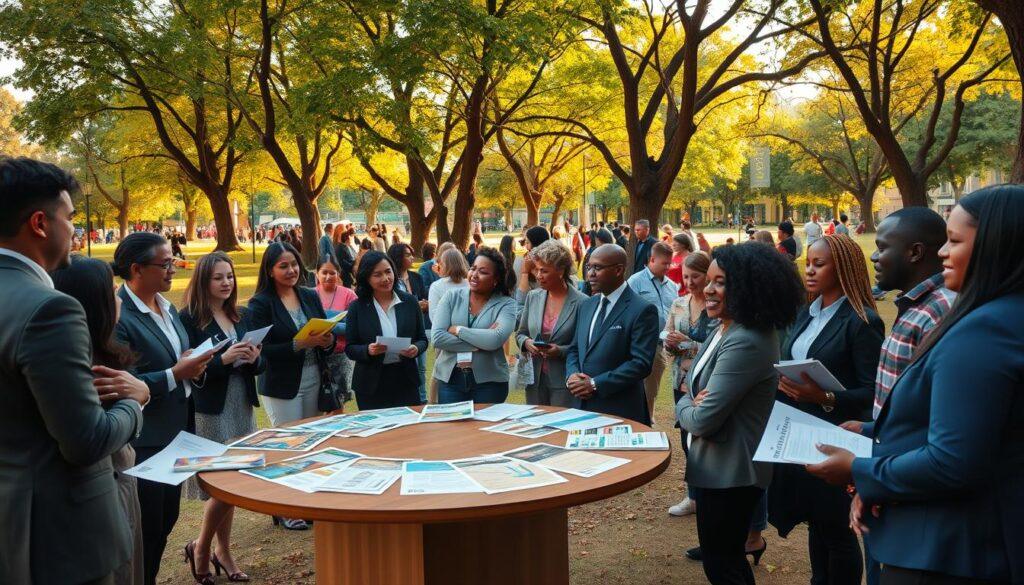 A vibrant community organization meeting in an urban park setting during late afternoon. In the foreground, a diverse group of individuals in professional business attire engage in animated conversations, holding clipboards and smiling. The middle ground features a large, circular table covered with community advocacy flyers and colorful charts. In the background, trees are lush with green leaves, and small clusters of community members are gathered in various activities, such as crafting posters and discussing strategies, under soft golden light filtering through the branches. The atmosphere is energetic and collaborative, reflecting a sense of empowerment and shared purpose. Capture the scene with a slightly elevated angle, ensuring a clear view of the organization in action, evoking a feeling of unity and grassroots activism. A vibrant community organization meeting in an urban park setting during late afternoon. In the foreground, a diverse group of individuals in professional business attire engage in animated conversations, holding clipboards and smiling. The middle ground features a large, circular table covered with community advocacy flyers and colorful charts. In the background, trees are lush with green leaves, and small clusters of community members are gathered in various activities, such as crafting posters and discussing strategies, under soft golden light filtering through the branches. The atmosphere is energetic and collaborative, reflecting a sense of empowerment and shared purpose. Capture the scene with a slightly elevated angle, ensuring a clear view of the organization in action, evoking a feeling of unity and grassroots activism.