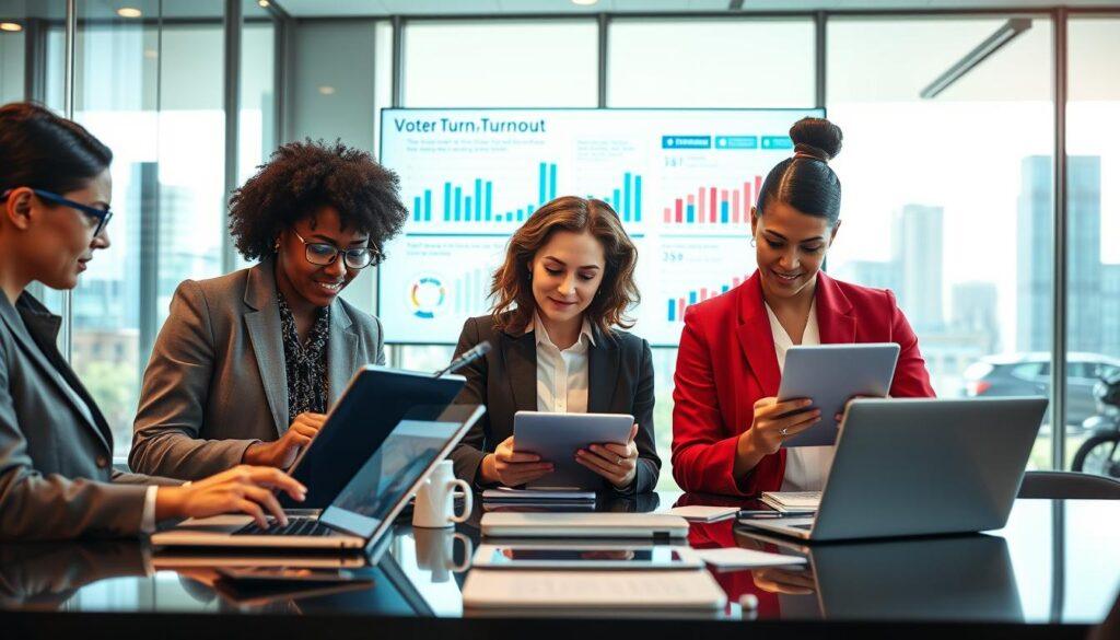 A vibrant digital workspace focused on voter turnout with various digital tools in use. In the foreground, a diverse group of three professionals, dressed in business attire, is engaged with laptops and tablets, analyzing data and discussing strategies to increase local election participation. The middle layer features a large digital screen displaying visualized statistics and a colorful infographic illustrating voter turnout trends. In the background, a modern office environment with glass windows showcasing a bright city skyline adds to the atmosphere. Soft, natural lighting filters in, creating an inviting and inspirational mood, while a slight depth of field emphasizes the professionals at work. The image should convey innovation, collaboration, and a commitment to civic engagement.