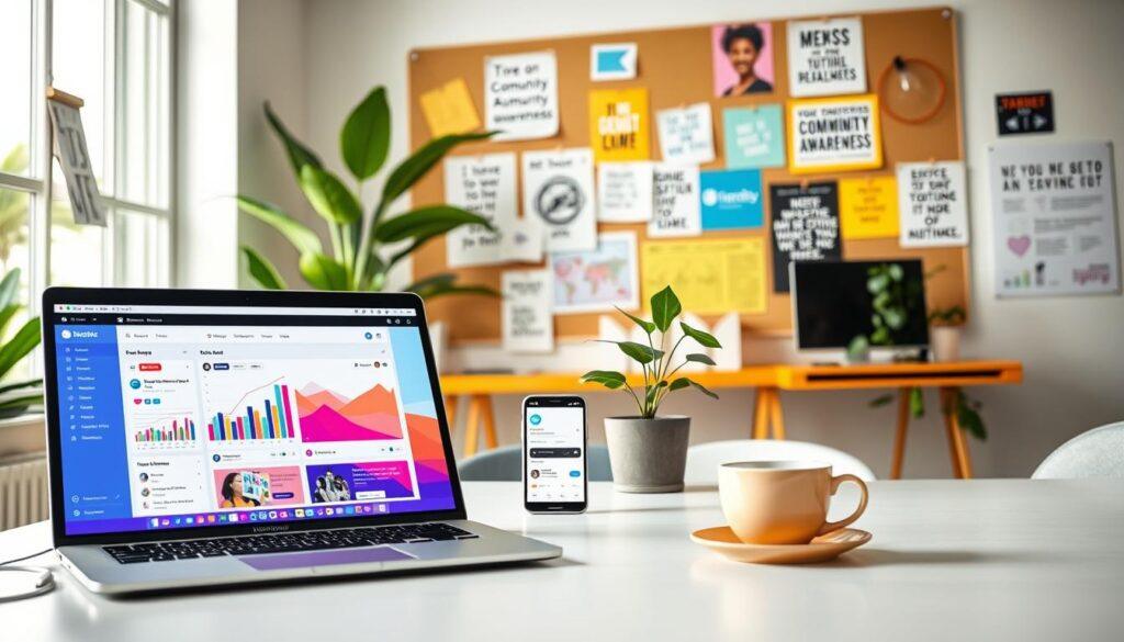 A vibrant, modern workspace showcasing various online tools for digital advocacy. In the foreground, a sleek laptop is open, displaying colorful graphs and social media feeds related to community campaigns. Beside it, a smartphone shows notifications from advocacy apps. In the middle, a stylish desk with a potted plant and a cup of coffee adds warmth to the scene. The background features a large bulletin board with pinned notes, digital posters, and inspirational quotes about community awareness. Soft natural light floods the room through a window, creating a bright and inviting atmosphere. The lens captures the scene with a slight depth of field, emphasizing the tools while keeping the workspace contextually rich and engaging. The overall mood is optimistic and empowering, reflecting the essence of digital advocacy. A vibrant, modern workspace showcasing various online tools for digital advocacy. In the foreground, a sleek laptop is open, displaying colorful graphs and social media feeds related to community campaigns. Beside it, a smartphone shows notifications from advocacy apps. In the middle, a stylish desk with a potted plant and a cup of coffee adds warmth to the scene. The background features a large bulletin board with pinned notes, digital posters, and inspirational quotes about community awareness. Soft natural light floods the room through a window, creating a bright and inviting atmosphere. The lens captures the scene with a slight depth of field, emphasizing the tools while keeping the workspace contextually rich and engaging. The overall mood is optimistic and empowering, reflecting the essence of digital advocacy.