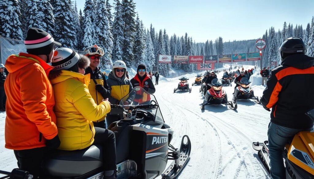 A vibrant snowmobile race scene showcasing dedicated volunteers from a community advocacy coalition. In the foreground, a diverse group of enthusiastic volunteers, dressed in bright, professional attire, are gathered around a snowmobile, passionately discussing strategies and encouraging one another. The middle ground features snowmobiles racing across a snowy landscape, with banners displaying coalition logos in the backdrop. The background consists of a picturesque snowy forest, where supporters cheer on the racers. The lighting is bright and cheerful, evoking a sense of camaraderie and excitement. The angle is slightly elevated, capturing both the intensity of the race and the collaborative spirit of the volunteers, creating an atmosphere of teamwork and community empowerment. A vibrant snowmobile race scene showcasing dedicated volunteers from a community advocacy coalition. In the foreground, a diverse group of enthusiastic volunteers, dressed in bright, professional attire, are gathered around a snowmobile, passionately discussing strategies and encouraging one another. The middle ground features snowmobiles racing across a snowy landscape, with banners displaying coalition logos in the backdrop. The background consists of a picturesque snowy forest, where supporters cheer on the racers. The lighting is bright and cheerful, evoking a sense of camaraderie and excitement. The angle is slightly elevated, capturing both the intensity of the race and the collaborative spirit of the volunteers, creating an atmosphere of teamwork and community empowerment.
