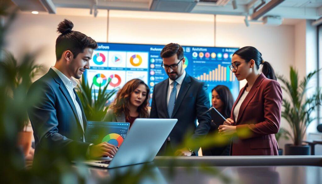 A visually engaging scene depicting a social media campaign analytics case study, set in an office environment. In the foreground, a diverse team of professionals, dressed in business attire, examines vibrant digital graphs and analytics on a modern laptop. The middle ground features a large wall-mounted screen showcasing colorful pie charts and engagement metrics, with various icons representing different social media platforms. In the background, a bright and contemporary office space filled with plants and soft overhead lighting creates a warm atmosphere. Use a slight depth of field to focus on the analysts while softly blurring the background elements, evoking a mood of collaboration and success, emphasizing the theme of amplified community advocacy through digital tools. A visually engaging scene depicting a social media campaign analytics case study, set in an office environment. In the foreground, a diverse team of professionals, dressed in business attire, examines vibrant digital graphs and analytics on a modern laptop. The middle ground features a large wall-mounted screen showcasing colorful pie charts and engagement metrics, with various icons representing different social media platforms. In the background, a bright and contemporary office space filled with plants and soft overhead lighting creates a warm atmosphere. Use a slight depth of field to focus on the analysts while softly blurring the background elements, evoking a mood of collaboration and success, emphasizing the theme of amplified community advocacy through digital tools.