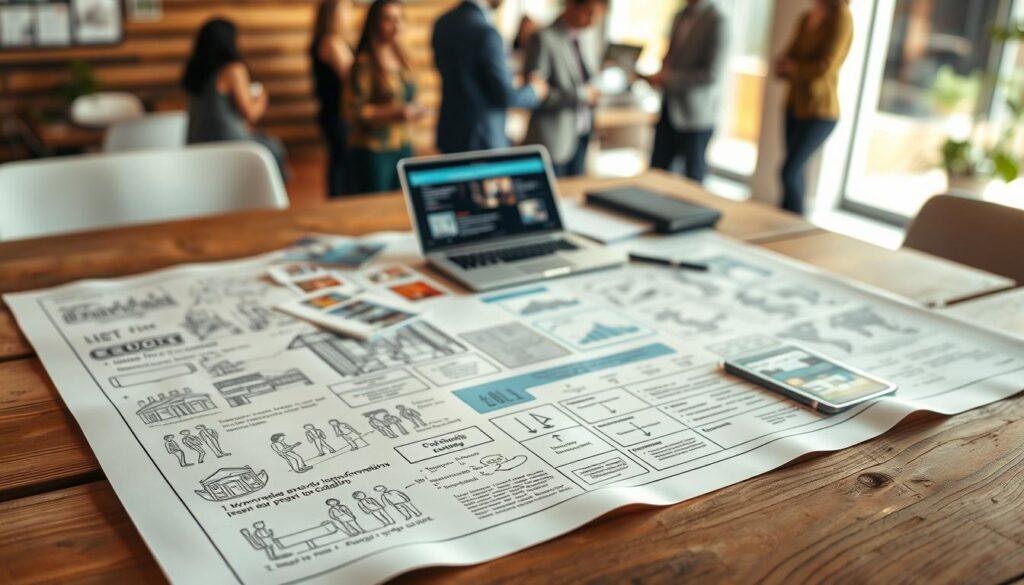 An intricate blueprint for a civic initiative awareness campaign laid out on a rustic wooden table. In the foreground, detailed sketches depict community gatherings, information booths, and engaging workshops designed to educate citizens. The middle layer features various materials like flyers and pamphlets, along with a laptop displaying a digital project plan, all set under soft, natural lighting that creates an inviting atmosphere. In the background, blurred images of diverse individuals in professional attire, discussing and collaborating, convey a sense of unity and purpose. The overall mood reflects enthusiasm and determination about fostering informed citizen engagement, captured in a warm color palette. The angle is slightly overhead, emphasizing the connection between the blueprint and the people involved.