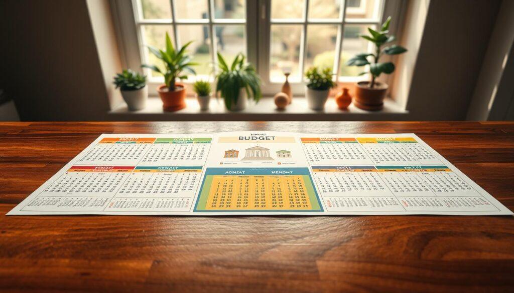 A detailed annual government budget calendar laid out flat on a polished wooden desk. In the foreground, neatly organized monthly sections highlighted with vibrant colors denote civic meetings and budget deadlines. The middle section features an elegant layout with icons for each month, including symbols of community engagement like a gavel, a town hall, and citizens discussing plans. In the background, soft natural light streams through a large window, illuminating the calendar and casting gentle shadows, with potted plants adding a touch of green. The overall mood is professional and inviting, emphasizing civic participation and organization. The scene should appear from a top-down perspective, showcasing clarity and focus on the calendar layout without any text or overlay distractions.