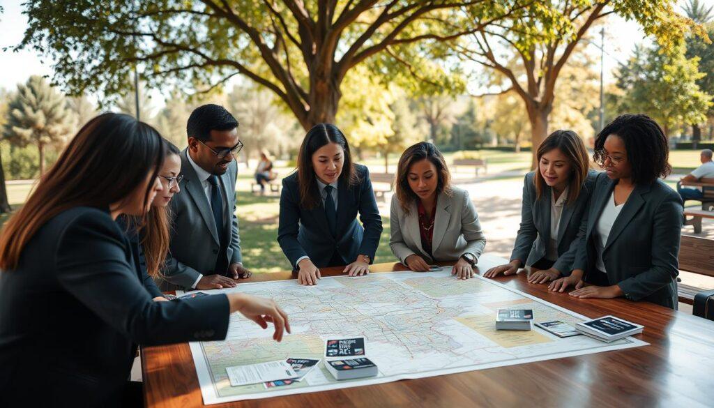 A detailed grassroots canvassing field plan, featuring a diverse group of individuals in professional business attire collaborating around a large map layout on a wooden table. In the foreground, a medium shot captures a person pointing at a specific area of the map, with others looking on attentively. The middle layer shows various advocacy materials spread out, including flyers and pamphlets. In the background, a vibrant park setting with trees and benches adds a sense of community. The lighting is warm and inviting, suggesting a sunny day, while the angle is slightly elevated to encompass the team’s interaction. The overall atmosphere is focused and determined, reflecting the spirit of grassroots activism.