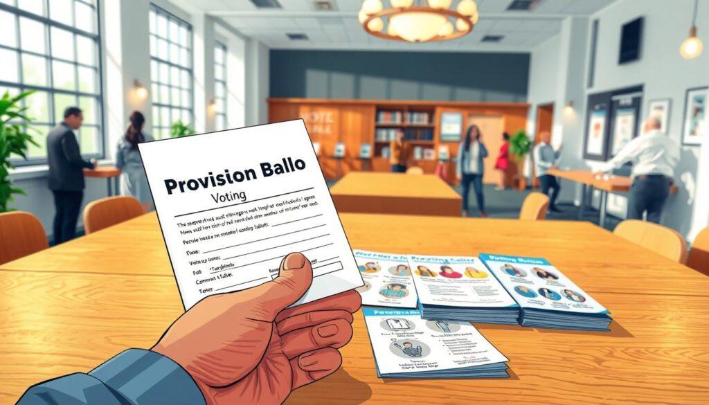A detailed illustration of a "Provisional Ballots Voting Guide" displayed prominently on a wooden table. In the foreground, a hand holding a filled-out provisional ballot, emphasizing engagement and participation in the voting process. In the middle ground, neatly arranged voting guides and informational pamphlets, showcasing diverse demographic icons like college students, recent movers, and unhoused individuals, all in a professional context. The background features a softly lit community center with a welcoming atmosphere, where individuals gather to seek assistance. Natural light streams through large windows, casting warm glows, enhancing a sense of hope and inclusivity. The image overall conveys clarity, accessibility, and an inviting environment for all voters.