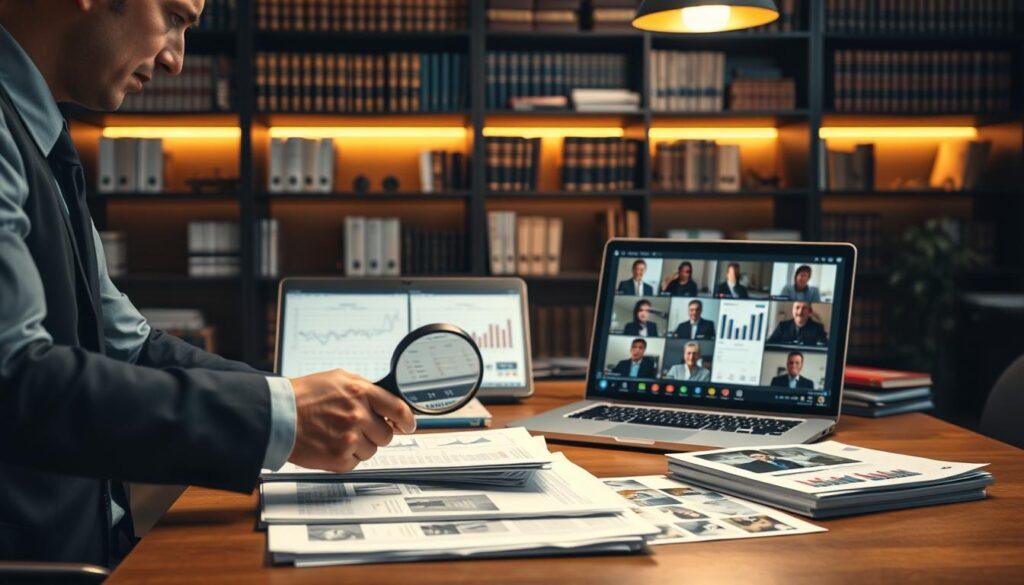 A focused workspace showcasing the verification of election claims. In the foreground, a professional individual, dressed in business attire, examines a stack of printed documents and images on a wooden table, using a magnifying glass. The middle section features a large laptop open with analytical graphs and a video call interface displaying a team of experts in discussion. The background includes a bookshelf filled with law books and election resources, softly lit by warm, ambient lighting to create a serious yet collaborative atmosphere. The entire setting exudes professionalism and diligence, emphasizing the importance of accuracy in verifying claims with a hint of urgency in the air. A focused workspace showcasing the verification of election claims. In the foreground, a professional individual, dressed in business attire, examines a stack of printed documents and images on a wooden table, using a magnifying glass. The middle section features a large laptop open with analytical graphs and a video call interface displaying a team of experts in discussion. The background includes a bookshelf filled with law books and election resources, softly lit by warm, ambient lighting to create a serious yet collaborative atmosphere. The entire setting exudes professionalism and diligence, emphasizing the importance of accuracy in verifying claims with a hint of urgency in the air.