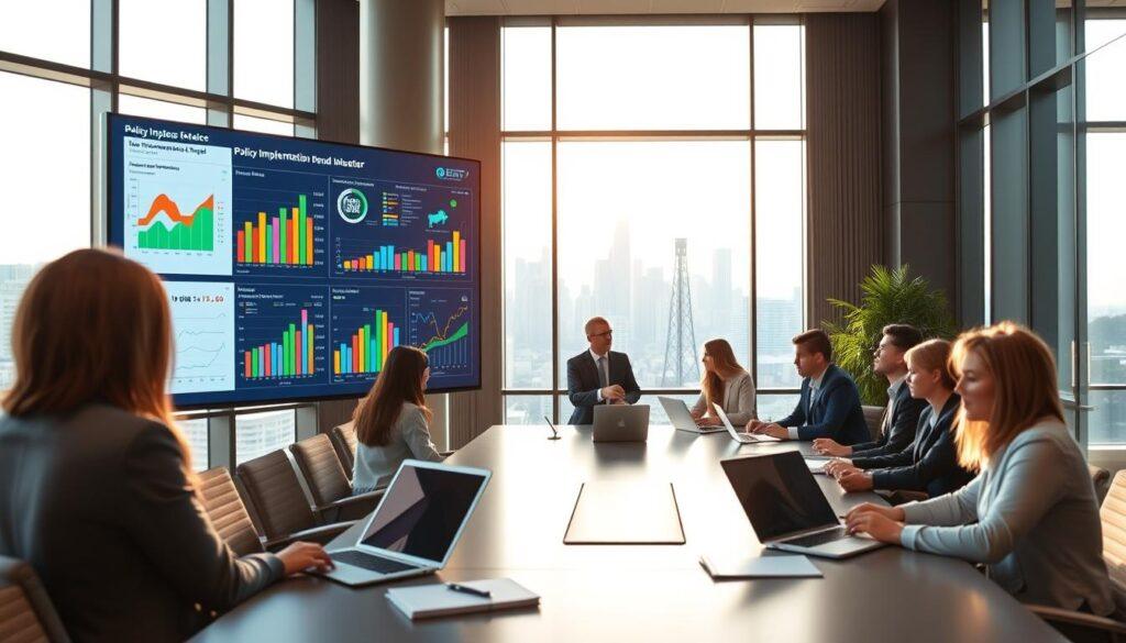 A modern policy implementation oversight dashboard set in a sleek, corporate environment. In the foreground, showcase a large digital screen displaying vibrant, interactive graphs and charts, illustrating key performance indicators and data analytics. Include diverse professional figures dressed in business attire, engaged in discussions and analyzing the data, symbolizing teamwork and dedication. The middle layer features a sleek conference table filled with laptops and documents, suggesting active participation in policy oversight. In the background, large windows reveal a cityscape, allowing natural light to flood the space, setting an optimistic and focused atmosphere. Capture the scene from a slight angle, creating depth and inviting the viewer into this dynamic setting of governance and civic responsibility.