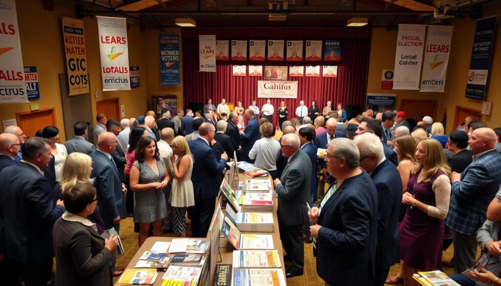 A vibrant and engaging scene depicting a local election endorsement event. In the foreground, a diverse group of well-dressed individuals, including candidates and community members, engages in discussion, showcasing their enthusiasm for local politics. The middle ground features tables with literature from local papers, candidate flyers, and information from organizations like the League of Women Voters. In the background, a community hall adorned with banners representing various local news outlets, and a backdrop of a well-lit stage prepared for candidate speeches. The atmosphere is lively and inviting, with warm lighting illuminating the space. The composition is taken from a slightly elevated angle to capture the buzz of activity and interaction among attendees, emphasizing civic engagement and community involvement. A vibrant and engaging scene depicting a local election endorsement event. In the foreground, a diverse group of well-dressed individuals, including candidates and community members, engages in discussion, showcasing their enthusiasm for local politics. The middle ground features tables with literature from local papers, candidate flyers, and information from organizations like the League of Women Voters. In the background, a community hall adorned with banners representing various local news outlets, and a backdrop of a well-lit stage prepared for candidate speeches. The atmosphere is lively and inviting, with warm lighting illuminating the space. The composition is taken from a slightly elevated angle to capture the buzz of activity and interaction among attendees, emphasizing civic engagement and community involvement.