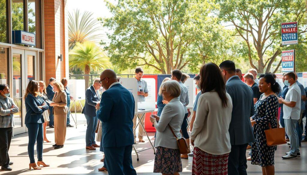 A vibrant early voting center scene, depicting a modern civic building with a welcoming entrance. In the foreground, diverse voters of various ages stand in line, dressed in professional business attire and modest casual clothing, excited to cast their votes. The middle ground features ballot booths and election officials assisting voters, ensuring a smooth process. Bright, natural lighting floods the scene, creating an inviting atmosphere. The background showcases banners and decorations promoting civic engagement, framed by trees on a sunny day. The image captures a sense of community and democratic participation, reflecting the importance of early voting in the electoral process.