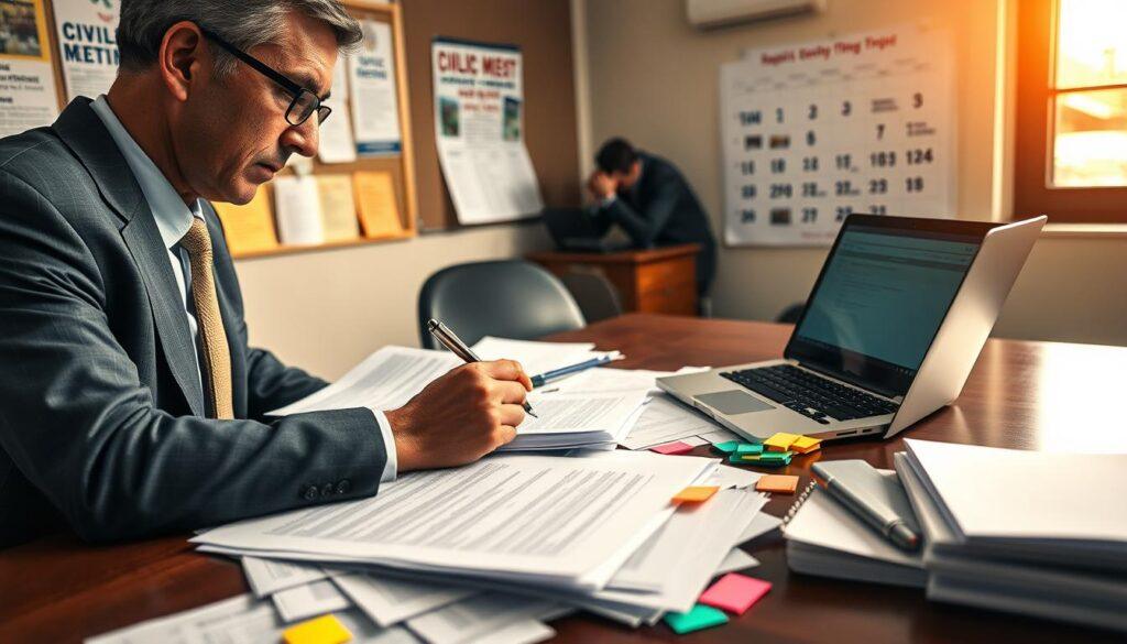 A well-organized desk cluttered with public meeting documentation, including detailed agenda papers, minutes, and sticky notes. In the foreground, a focused individual in professional business attire reviews the documents, with a pen in hand, taking notes thoughtfully. In the middle ground, scattered papers and an open laptop showcase a civic meeting being analyzed. The background features a soft-focus office environment with a bulletin board displaying community event flyers and a calendar marking civic meetings throughout the month. Warm, natural lighting filters in from a nearby window, creating a calm and productive atmosphere. The composition emphasizes professionalism, civic engagement, and thoroughness in post-meeting reflection, conveying the importance of documenting community discussions.