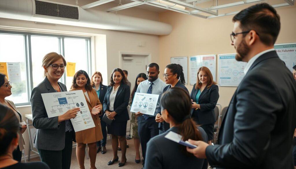A bustling community center interior, where a diverse group of volunteers in professional business attire is engaged in a training session. In the foreground, a smiling training coordinator gestures as she explains a flowchart on chain of custody, surrounded by attentive volunteers taking notes. In the middle ground, a compliance officer reviews documents with another volunteer, illustrating the intake process, while a greeter welcomes new attendees. The background features a whiteboard filled with diagrams and posters about volunteer roles. Soft, natural lighting streams through large windows, creating an inviting atmosphere. The lens captures the camaraderie and focus of the group, emphasizing teamwork and dedication to civic duty.