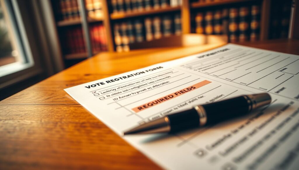 A close-up view of a voter registration form placed on a wooden desk, showing clearly labeled ID requirements in bold black text. The form features checkboxes and spaces for personal information, highlighting "Required Fields" in bright red for emphasis. In the foreground, a fountain pen lies beside the form, reflecting the importance of legible handwriting. The middle ground captures a light source from a nearby window, casting soft shadows that enhance the document's textures. The background displays a blurred bookshelf filled with legal books, adding a scholarly atmosphere. The overall mood is one of professionalism and clarity, emphasizing the significance of accurate form completion and common errors to avoid. The lighting is warm and inviting, suggesting a comfortable space for important civic engagement. A close-up view of a voter registration form placed on a wooden desk, showing clearly labeled ID requirements in bold black text. The form features checkboxes and spaces for personal information, highlighting "Required Fields" in bright red for emphasis. In the foreground, a fountain pen lies beside the form, reflecting the importance of legible handwriting. The middle ground captures a light source from a nearby window, casting soft shadows that enhance the document's textures. The background displays a blurred bookshelf filled with legal books, adding a scholarly atmosphere. The overall mood is one of professionalism and clarity, emphasizing the significance of accurate form completion and common errors to avoid. The lighting is warm and inviting, suggesting a comfortable space for important civic engagement.