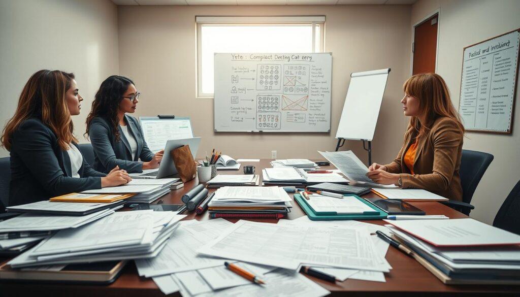 A detailed compliance briefing room set up for a form review session focused on error reduction. In the foreground, a table is cluttered with various forms, legal documents, and a laptop with spreadsheets open, highlighting data analysis. A group of four diverse professionals, wearing business attire, are engaged in discussion, with one pointing at a document, conveying collaboration and focus. In the middle ground, a whiteboard displays diagrams and notes related to accessibility and inclusion concepts in voter registration. The background features a window letting in soft, natural light that casts a warm glow over the scene, creating an atmosphere of professionalism and teamwork. The composition emphasizes clarity and organization, reflecting the structured environment of the training session.